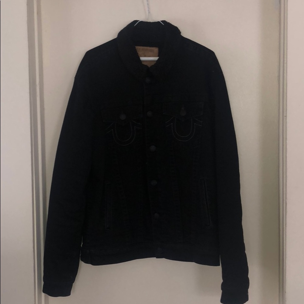 True Religion, Black Sherpa lined trucker jacket.